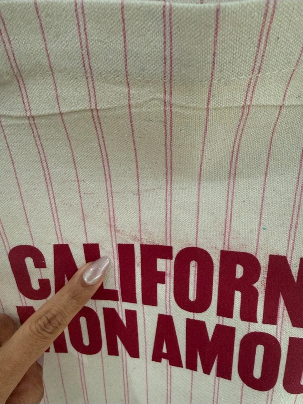 Sezane Cream Tote with Red Logo and Pink Pinstripes